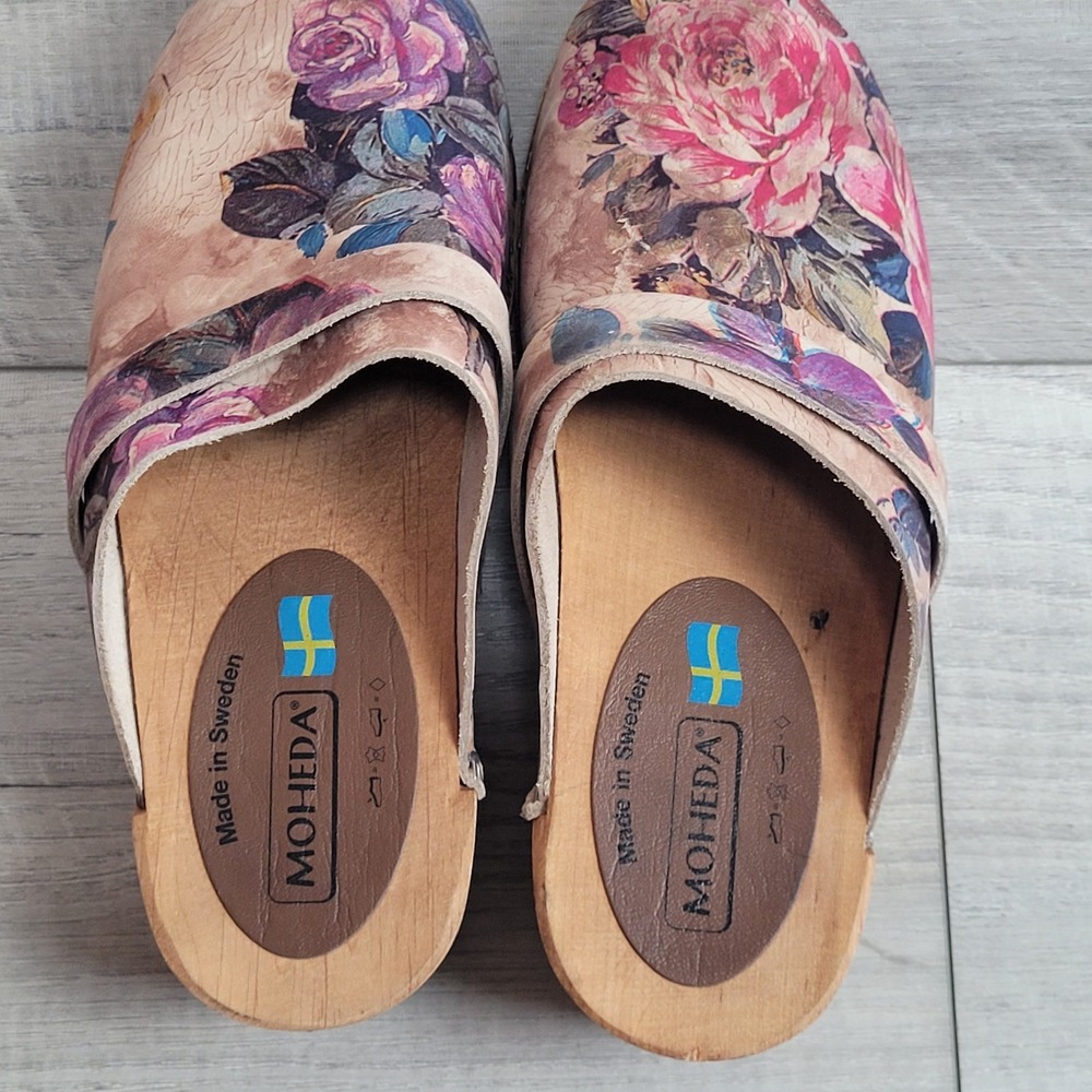 🌸Moheda Sweden Floral Leather Wooden Clogs Women 40 /US 9-9.5 (c-video) - Picture 9 of 16